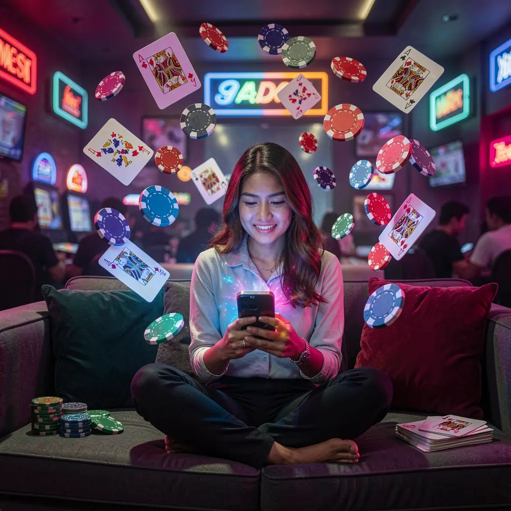 RKGGG App – Experience immersive mobile casino entertainment in Indonesia Stylish Indonesian woman using the RKGGG casino app on her phone with glowing chips and cards floating around in a modern gaming scene