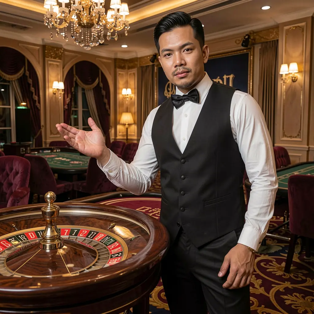 RKGGG – Experience premium live casino action designed for Indonesia Elegant live casino dealer standing by a roulette table with an inviting gesture inside a luxury RKGGG casino environment for Indonesian players